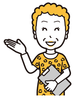 バインダーを持ち笑顔で案内するおばちゃん 案内,大阪,おばさん,ヒョウ柄,おばはん,中年,女性,関西,派手,おばちゃんのイラスト素材