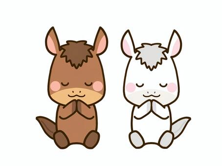 お願い事をする仲良し二匹の馬 馬,午年,十二支,年賀状,2026,2026年,午,干支,新年,1月のイラスト素材