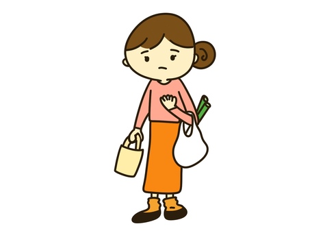 買い物をする女性（疲れ顔） 女性,主婦,家政婦,買い物,バッグ,ビニール袋,ネギ,疲れた,不満,イヤイヤのイラスト素材