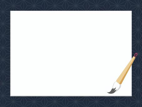習字、書道・筆と半紙のフレーム　横 書道,習字,フレーム,背景,命名,半紙,毛氈,紺,麻の葉,文様のイラスト素材