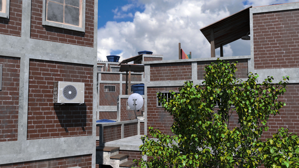 空とレンガのあいだ 建物,屋上,水タンク,洗濯物,階段,窓,壁,屋根,鉄格子,空のイラスト素材