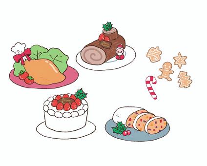 クリスマス　料理　イラストセット 手描き,クリスマス,パーティー,料理,ご飯,ごちそう,デザート,クリスマスケーキ,ホールケーキ,ブッシュドノエルのイラスト素材