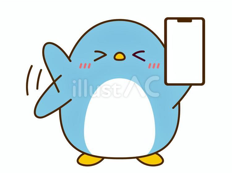 スマホの画面を見せながらはしゃぐペンギン ペンギン,水色,スマホのイラスト素材