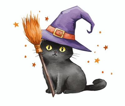 魔女の帽子をかぶった黒猫とホウキ 黒猫,ハロウィン,箒,魔女,猫,帽子,星,秋,水彩のイラスト素材