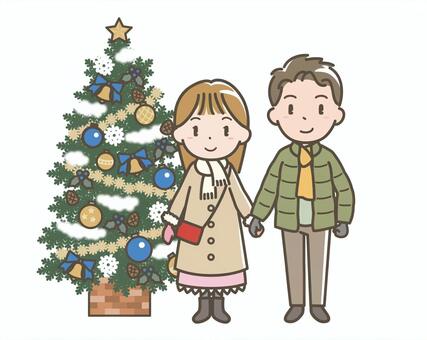 クリスマス003 クリスマス,聖夜,クリスマスツリー,ツリー,カップル,もみの木,樅,オーナメント,年末,お出かけのイラスト素材