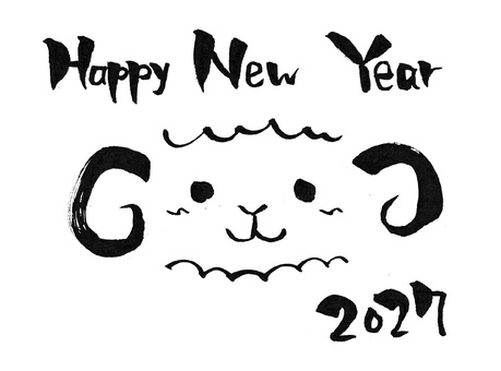 年賀状素材　かわいい羊白黒横 年賀状,羊,羊年,未,お正月,新年,元旦,1月1日,干支,十二支のイラスト素材