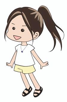 ポニーテールの女の子 ポニーテール,女の子,ショートパンツ,白tシャツ,サンダル,笑顔,夏,明るい,元気,若いのイラスト素材
