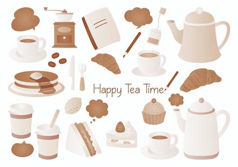 ハッピーティータイム-セピア色 ティータイム,コーヒー,紅茶,コーヒー豆,コーヒーメーカー,ティパック,ポット,ノート,鉛筆,サンドイッチのイラスト素材
