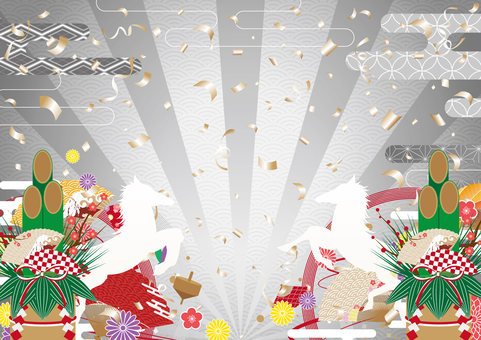 豪華絢爛な午年の正月の銀色の背景素材 午年,正月,和風,和柄,馬,門松,扇子,コマ,花,雲のイラスト素材