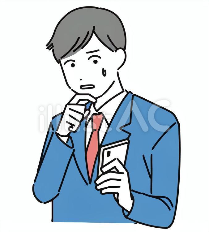 スマホを見ながら困っているスーツの男性 スマホ,スマートフォン,電話のイラスト素材