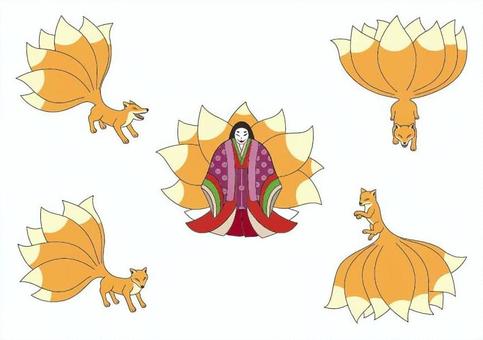 怖い九尾の狐のイラストセット① 九尾,狐,伝説,生き物,妖怪,霊獣,十二単,女性,ホラー,シンプルのイラスト素材