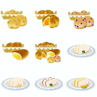 パンとサンドイッチのセット パン,サンドイッチ,セット,食べ物,クリームパン,かぼちゃパン,ブルーベリーパン,クルミパンのイラスト素材