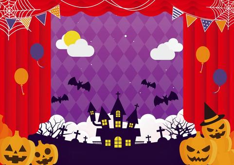 かぼちゃのお化けとハロウィンの背景素材 ハロウィン,秋,カボチャ,洋館,蝙蝠,お墓,蜘蛛の巣,旗,カーテン,幕のイラスト素材