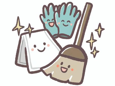 年末の大掃除用具のホウキと雑巾とゴム手袋 掃除,ホウキ,雑巾,ゴム手袋,掃除用具,道具,年末,12月,大掃除,手袋のイラスト素材