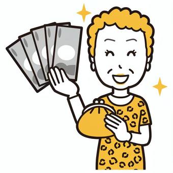  大阪のおばちゃん(黄)-091-バスト 財布,おばちゃん,大阪,ヒョウ柄,おばはん,中年,女性,関西,派手,おばさんのイラスト素材