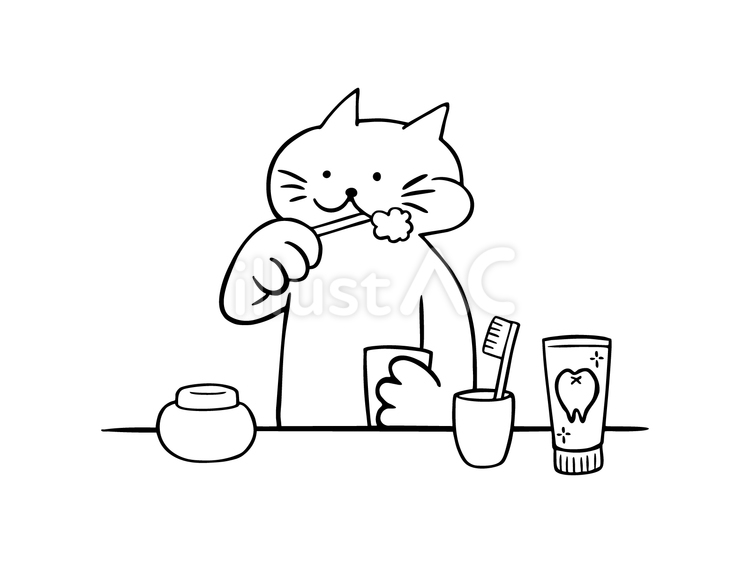 歯を磨く猫（モノクロ） 歯磨き,歯ブラシ,口腔ケアのイラスト素材