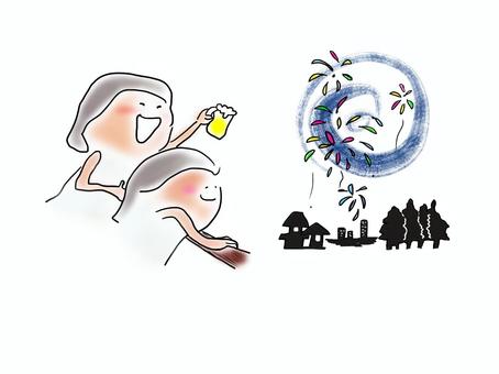 実家の花火 実家,花火,ビール,二階,夏祭りのイラスト素材