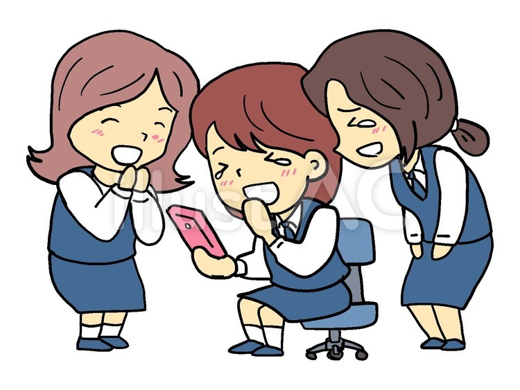 スマホの記事を見てみんなで笑う スマホ,モバイル,スマートフォンのイラスト素材