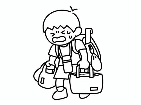 夏休み明けの荷物が重い小学生（線画） 学校,小学生,登校,荷物,重い,夏休み明け,子ども,シンプル,線画のイラスト素材