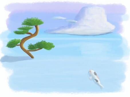 生命力 生命力,絵画,雲,松,鯉,生き物,植物,海,空,手描きのイラスト素材