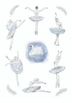 白鳥の湖 バレエ,白鳥の湖,バレリーナ,トゥシューズ,チュチュ,白鳥,オデット,姫,ティアラ,手描きのイラスト素材