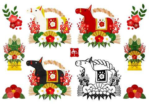 zodiac2694 馬,午年,しめ飾り,扇,椿,梅,松,年賀状,花,和風のイラスト素材