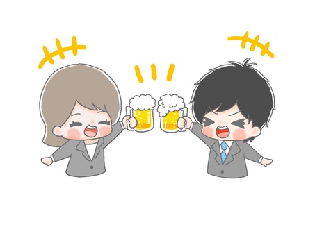 ビールで乾杯二人１ 手描き,女性,男性,黒髪,茶髪,会社員,スーツ,仕事,ol,飲み会のイラスト素材