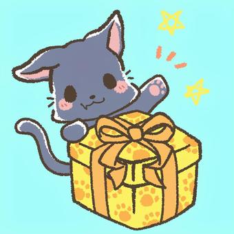 プレゼントをつかみアピールする黒猫 プレゼント,猫,バレンタイン,クリスマス,誕生日,黒猫,星,リアクション,嬉しい,動物のイラスト素材