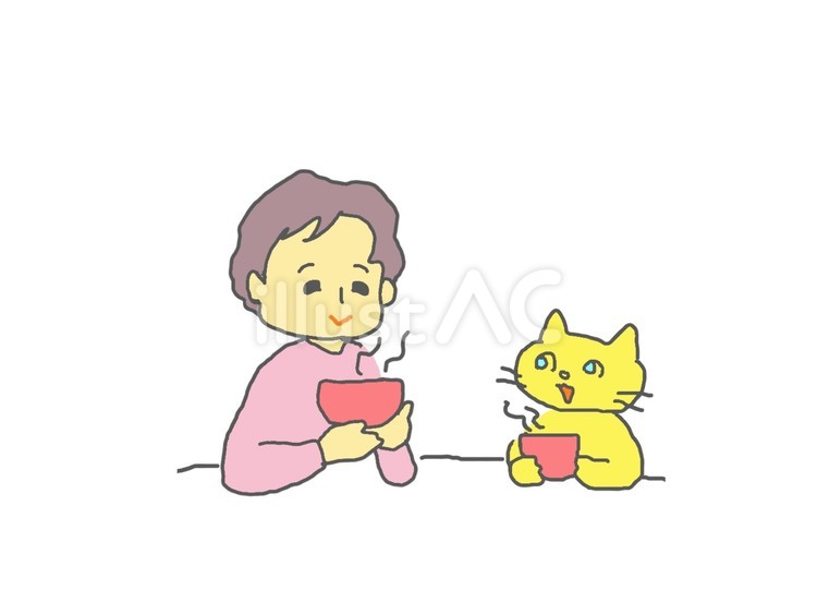 お茶を楽しむ女性と猫１ 猫,女性,お茶のイラスト素材