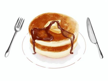 パンケーキ パンケーキ,ホットケーキ,スイーツ,デザート,朝食,軽食,水彩画,手描き,フォーク,ナイフのイラスト素材