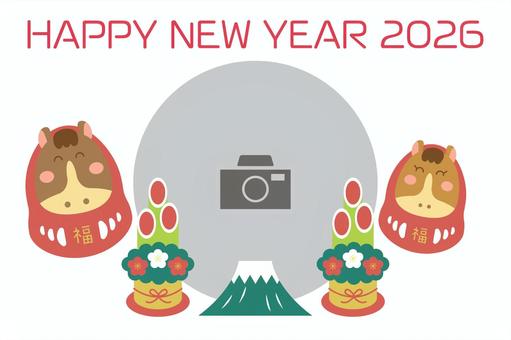 2026 写真フレーム　2匹の馬だるま 年賀状,年賀はがき,午年,2026,写真フレーム,令和8年,だるま,正月,挨拶,かわいいのイラスト素材