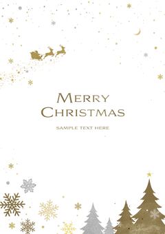クリスマスの夜_縦_シルバー&ゴールド クリスマス,フレーム,枠,サンタクロース,そり,モミの木,寒い,シンプル,かわいい,きれいのイラスト素材