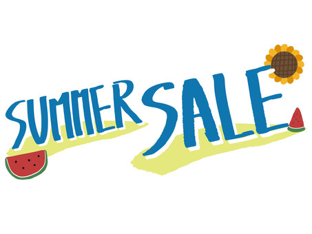 手描き風・夏セールのポップな文字イラスト 夏,セール,サマーセール,summer,sale,手描き,ポップ,かわいい,スイカ,ひまわりのイラスト素材