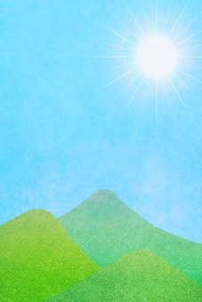 山と空と太陽の夏の風景 縦 山,風景,空,夏,晴れ,太陽,光線,キラキラ,ギラギラ,自然のイラスト素材