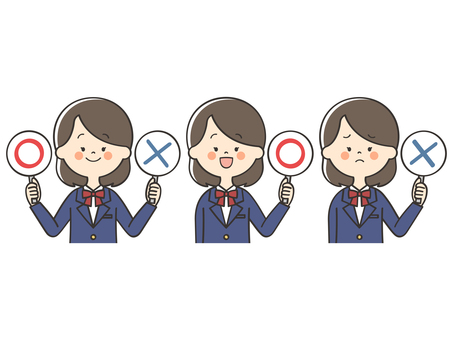 まるばつクイズをする女子学生のセット まるばつ,丸,バツ,札,クイズ,解答,回答札,問題,バラエティ,笑顔のイラスト素材