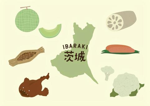 茨城イラストセット 茨城,メロン,れんこん,納豆,水戸,あんこう,カリフラワー,明太子,地図,ご当地のイラスト素材