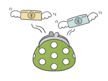 お金が飛んでいくがま口財布 お金,財布,出費,浪費,節約,貯金,家計,生活,赤字,家計簿のイラスト素材