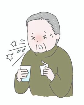 粉薬を飲んでむせる高齢男性 高齢者,粉薬,むせる,嚥下困難,誤嚥,薬,服用,医療,介護,健康問題のイラスト素材