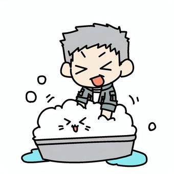 楽しく猫を洗うおじいさん おじいさん,猫,洗う,笑顔,楽しい,仲良し,おとなしい,キレイ,洗浄,泡のイラスト素材