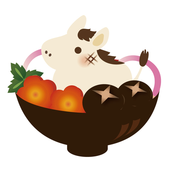 おもちに擬態した馬とお雑煮のイラスト