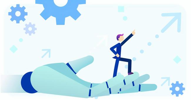 AIロボットの手の上にのるサラリーマン ai,人工知能,ピクトグラム,dx,rpa,ビジネス,iot,ロボット,手,掌のイラスト素材
