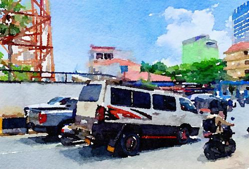 カンボジア・後輪高のユニークな車|水彩画 カンボジア・後輪高のユニークな車|水彩画 カンボジア,プノンペン,バン,改造車,荷物運搬車,後輪が高い車,韓国車,渋滞,東南アジア,水彩画のイラスト素材