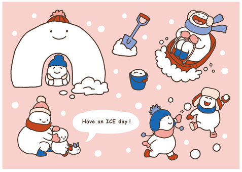 雪だるま_雪遊び素材セット_ピンク 冬,雪,雪だるま,雪あそび,こども,かまくら,雪合戦,雪うさぎ,ソリ,そりすべりのイラスト素材