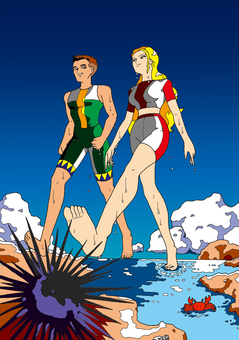 海水浴　カップル　イラスト 茶髪,男性,金髪,女性,歩く,カップル,足元,スポーツ水着,青空,ウニのイラスト素材