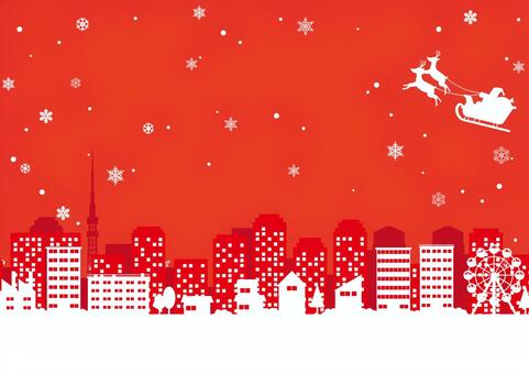 雪降るクリスマスの街とサンタの赤色の背景 クリスマス,雪,結晶,街,サンタクロース,トナカイ,そり,ビル,家,観覧車のイラスト素材