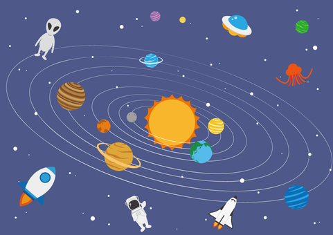 ポップな太陽系の宇宙の背景素材 宇宙,太陽系,惑星,地球,ロケット,スペースシャトル,宇宙人,火星人,パイロット,ポップのイラスト素材