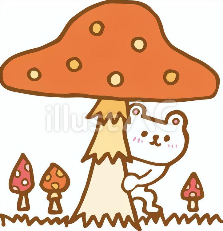 きのこの陰からしろくまさん 動物,手書き,しろくまのイラスト素材