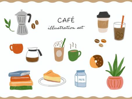 カフェのイラストセット カフェのイラストセット カフェ,コーヒー,マグカップ,カップ,ラテ,ドーナツ,チーズケーキ,アイスコーヒー,本,植物のイラスト素材