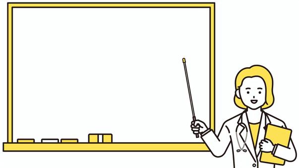 黒板前の女性医師（黄色）  医者,黒板,女医,説明,指し棒,解説,紹介,看護師,医療,女性のイラスト素材