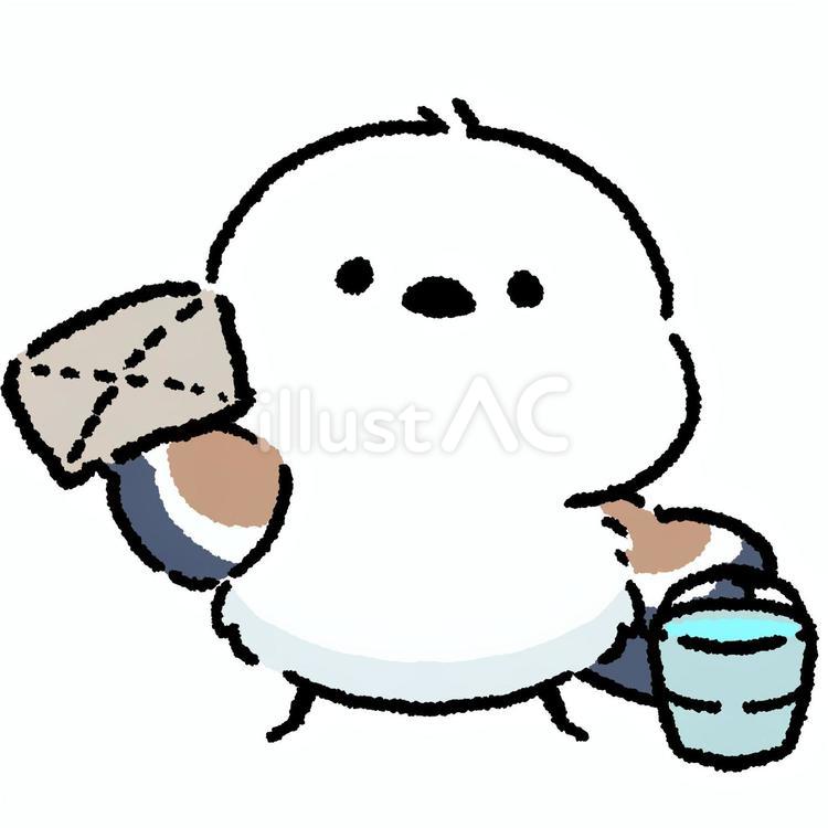 シマエナガ_バケツと雑巾を持つ_01 シマエナガ,鳥,動物のイラスト素材